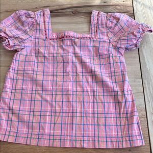 Girls Vineyard Vines Coral Plaid Puff Sleeve Top